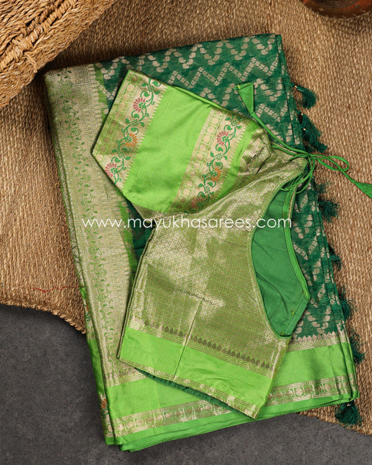 Green & Light Green Banarasi Kora Silk with Chevron Pattern Body, Tifli Borders and Stitched Blouse in Size 38 44