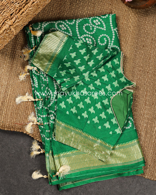 Green Munga Silk Saree with Bandini Prints with Banarasi Inspired borders and Stitched Blouse in Size 38 44