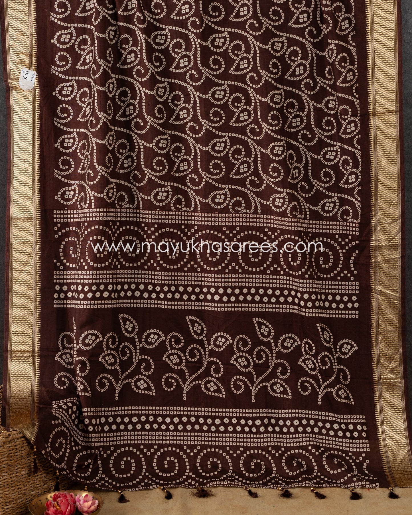 Wine Munga Silk Saree with Bandini Prints with Banarasi Inspired borders and Stitched Blouse in Size 38 44