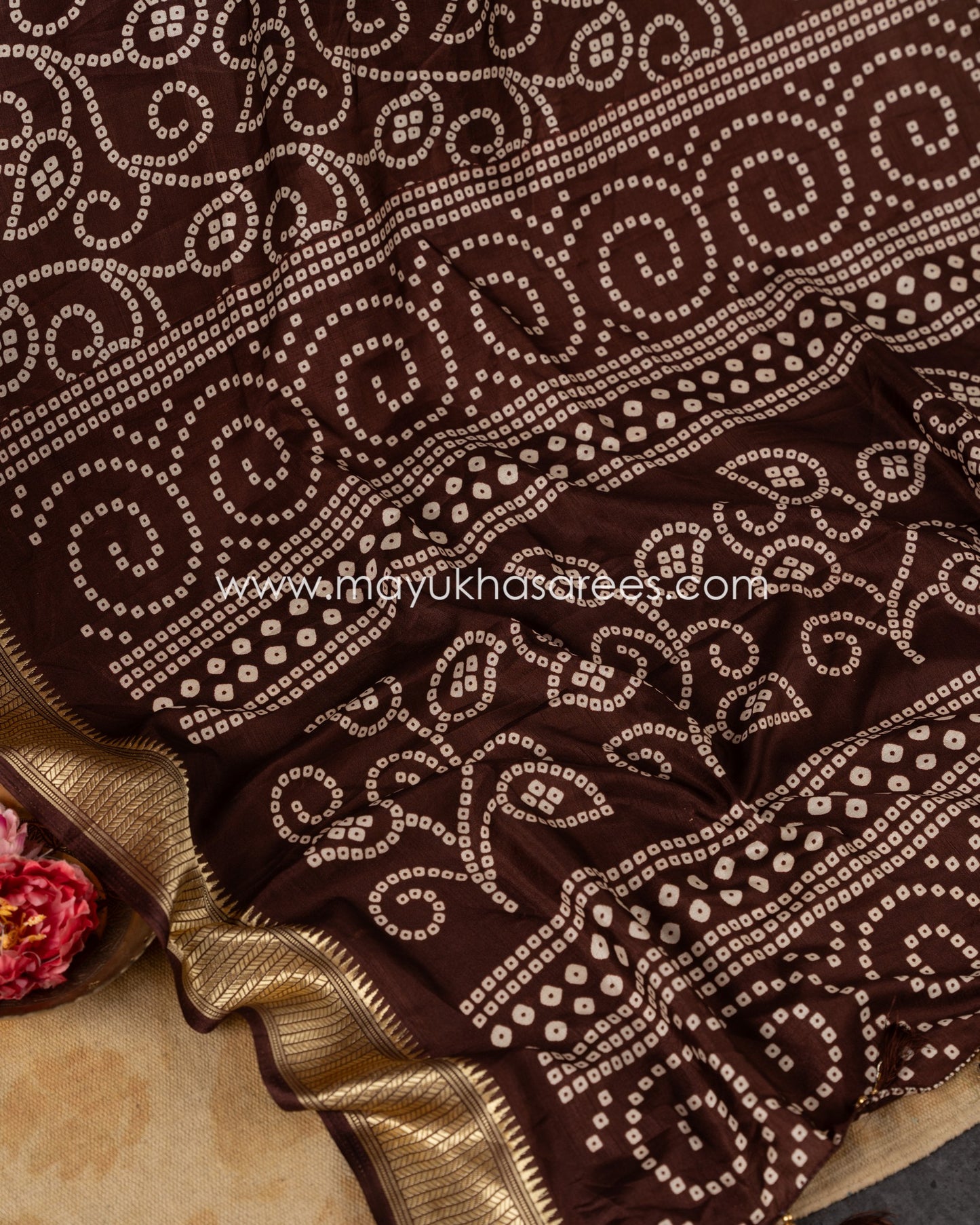 Wine Munga Silk Saree with Bandini Prints with Banarasi Inspired borders and Stitched Blouse in Size 38 44