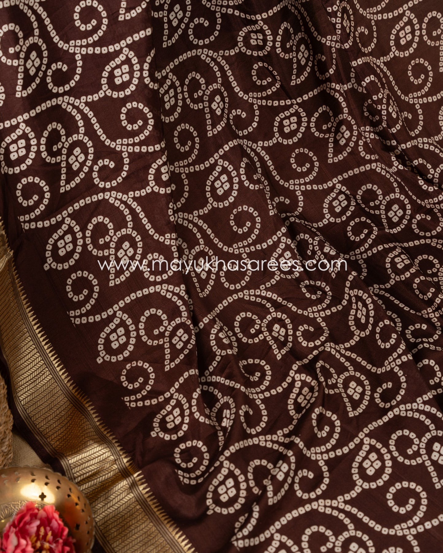 Wine Munga Silk Saree with Bandini Prints with Banarasi Inspired borders and Stitched Blouse in Size 38 44