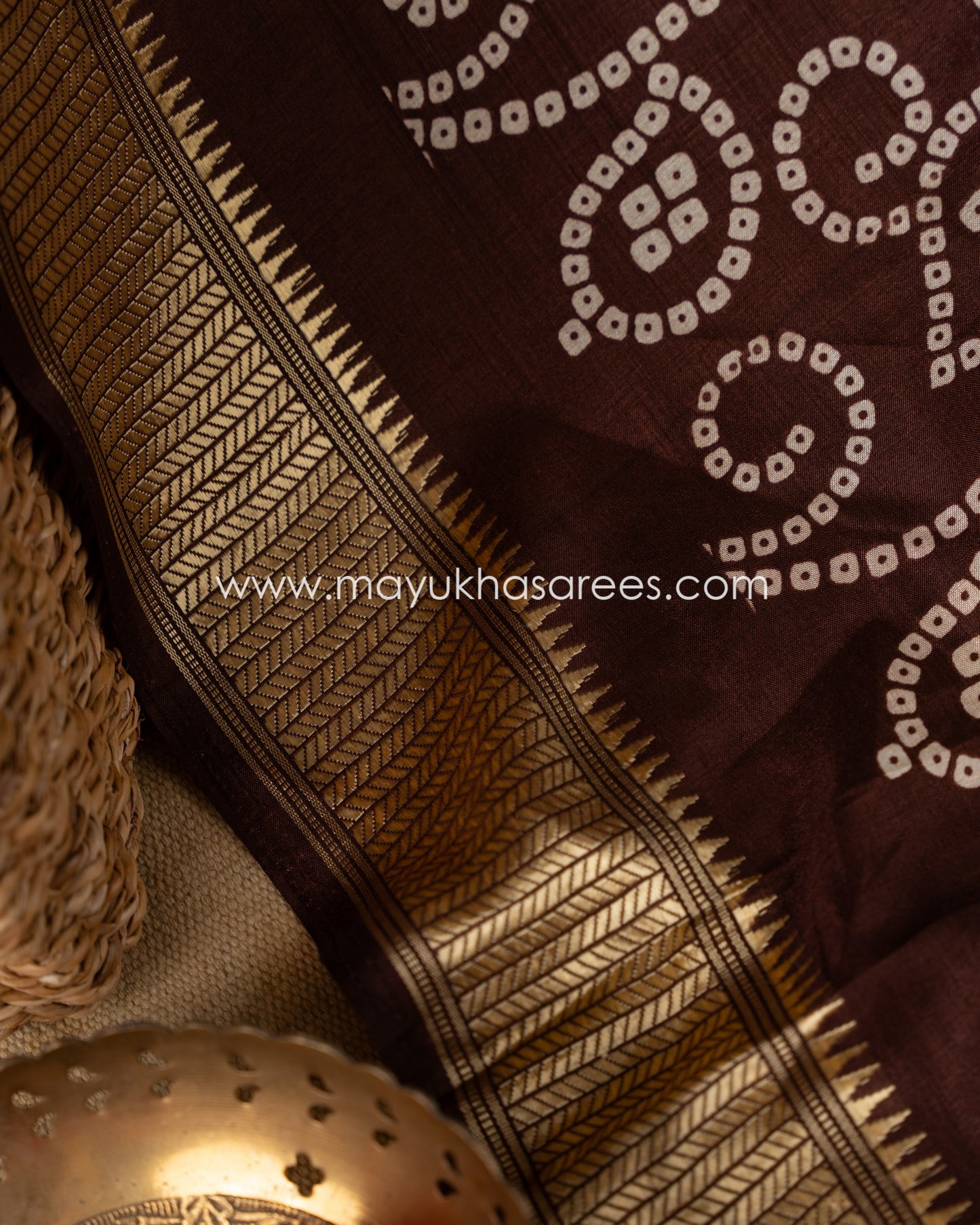 Wine Munga Silk Saree with Bandini Prints with Banarasi Inspired borders and Stitched Blouse in Size 38 44