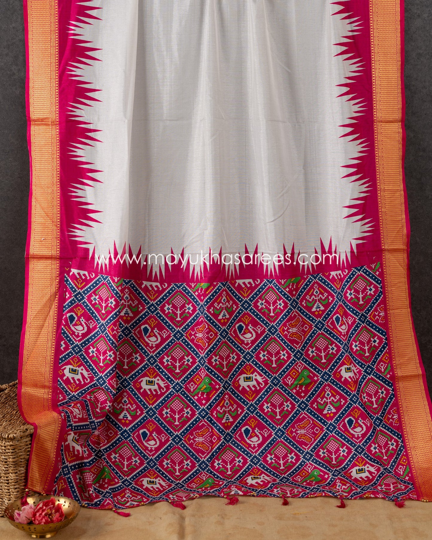 White & Pink Patola Prints on Munga Silk Saree with Temple Design Borders and Stitched Blouse in Size 38 44