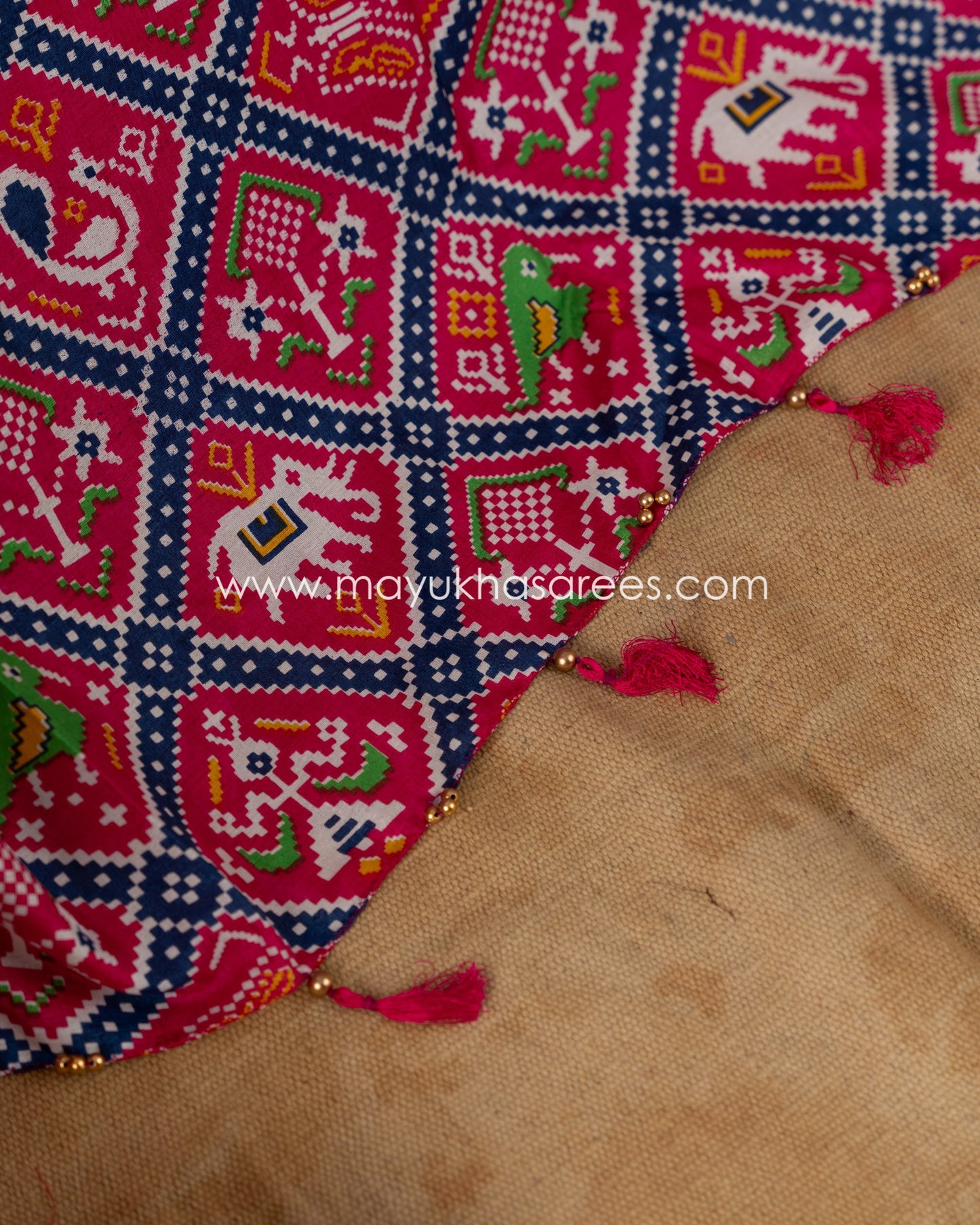 White & Pink Patola Prints on Munga Silk Saree with Temple Design Borders and Stitched Blouse in Size 38 44