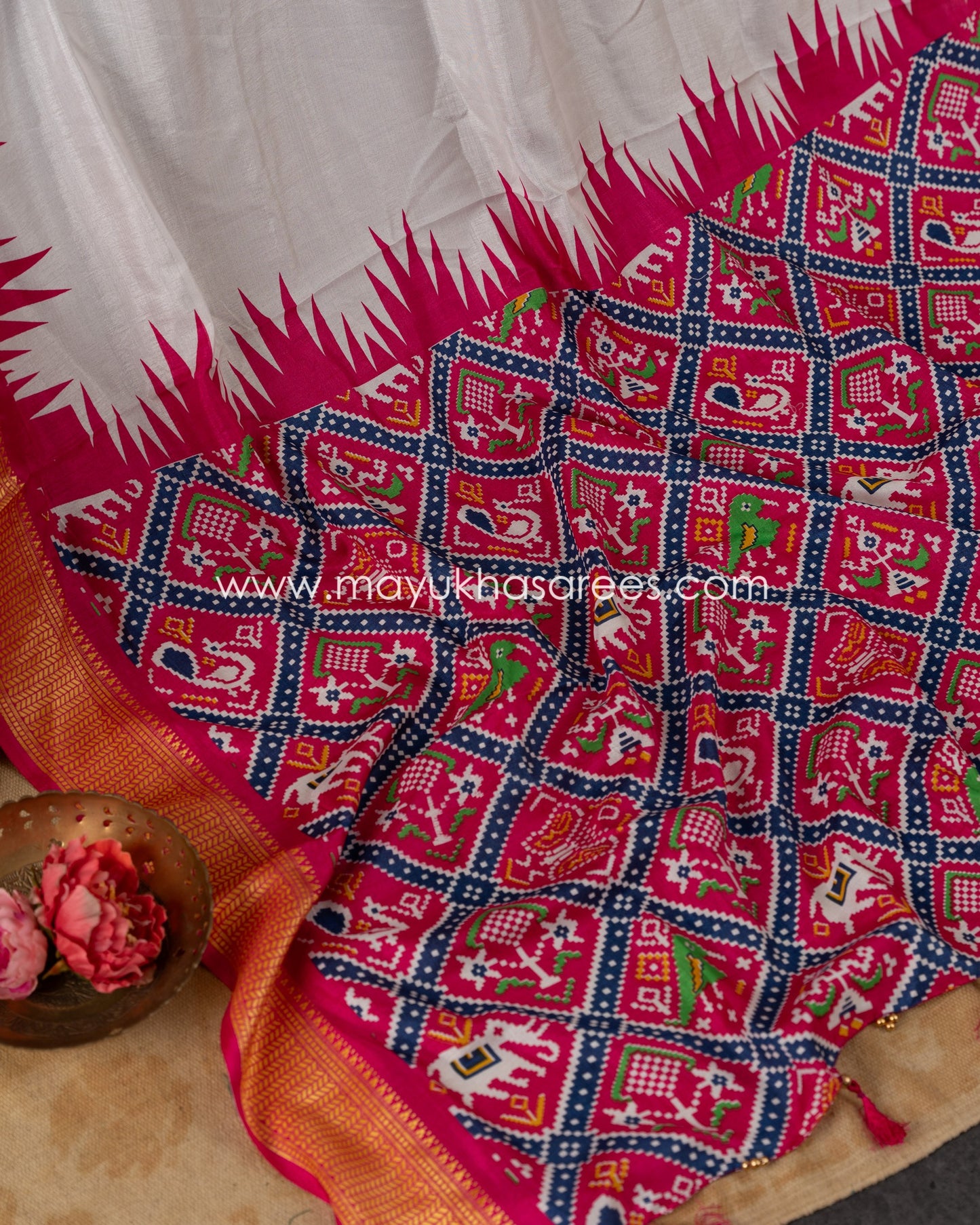 White & Pink Patola Prints on Munga Silk Saree with Temple Design Borders and Stitched Blouse in Size 38 44