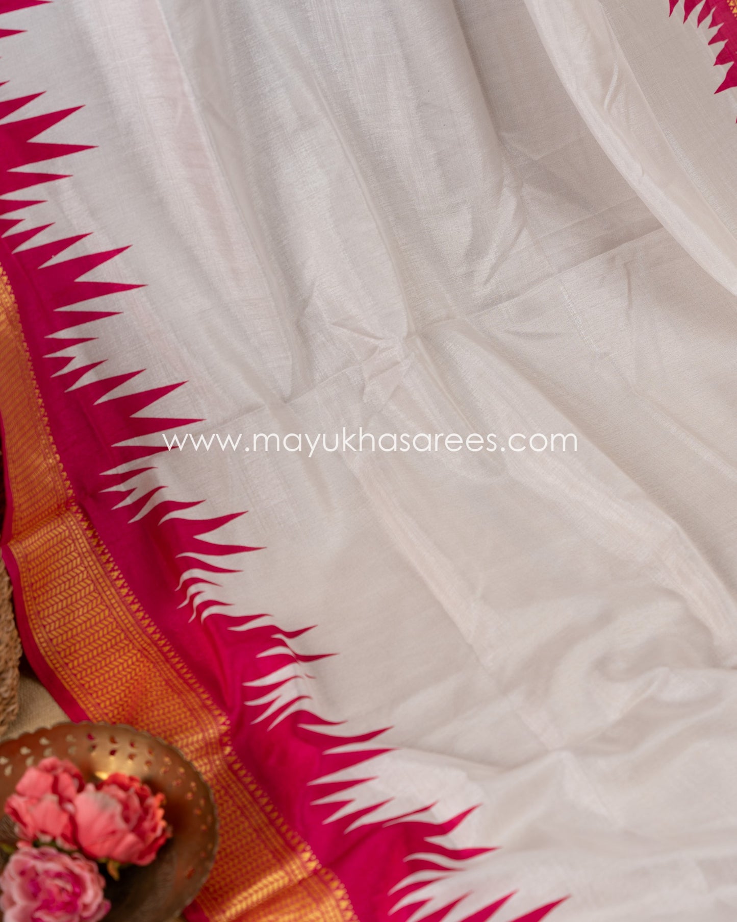 White & Pink Patola Prints on Munga Silk Saree with Temple Design Borders and Stitched Blouse in Size 38 44