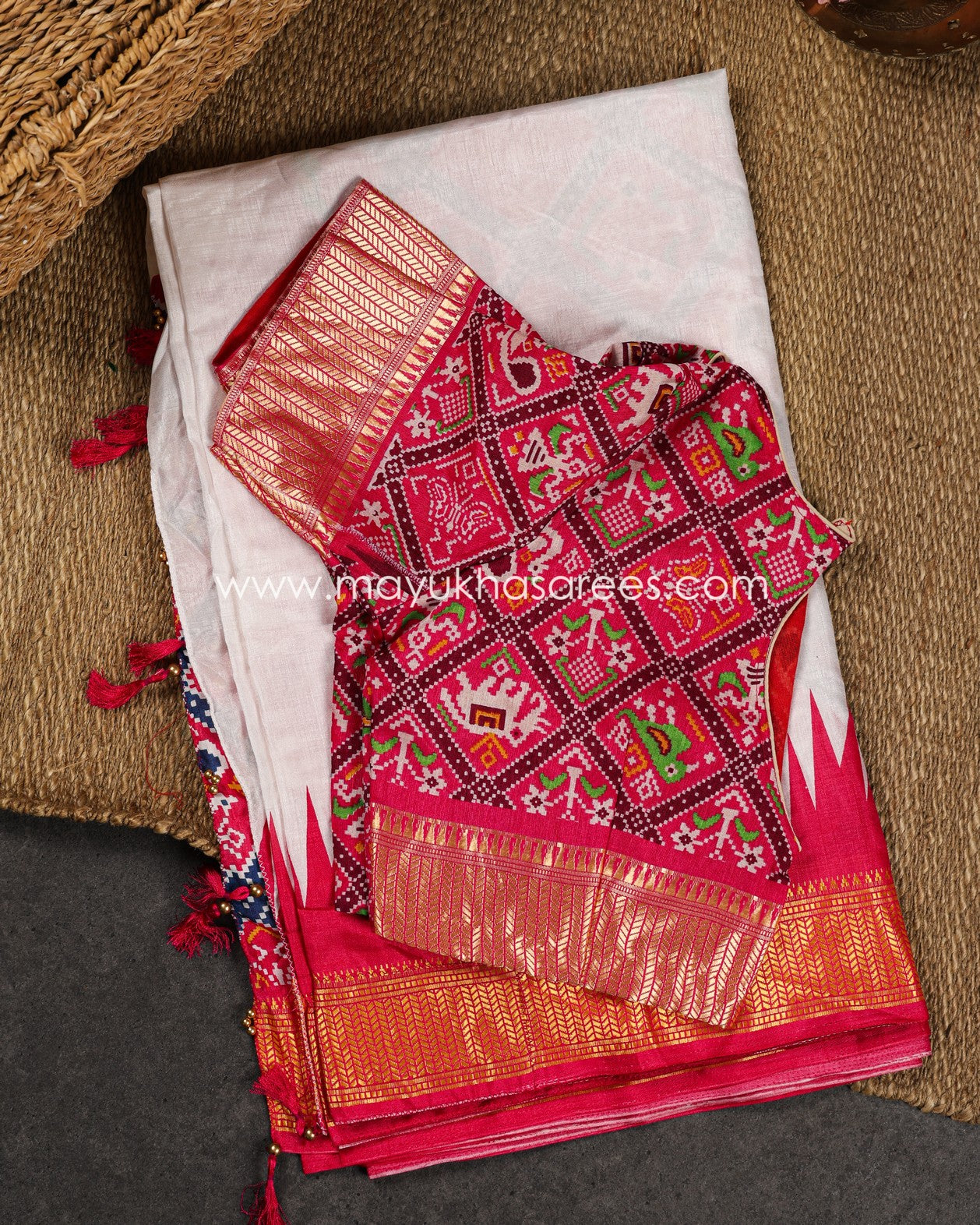 White & Pink Patola Prints on Munga Silk Saree with Temple Design Borders and Stitched Blouse in Size 38 44