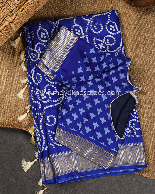 Blue Munga Silk Saree with Bandini Prints with Banarasi Inspired borders and Stitched Blouse in Size 38 44