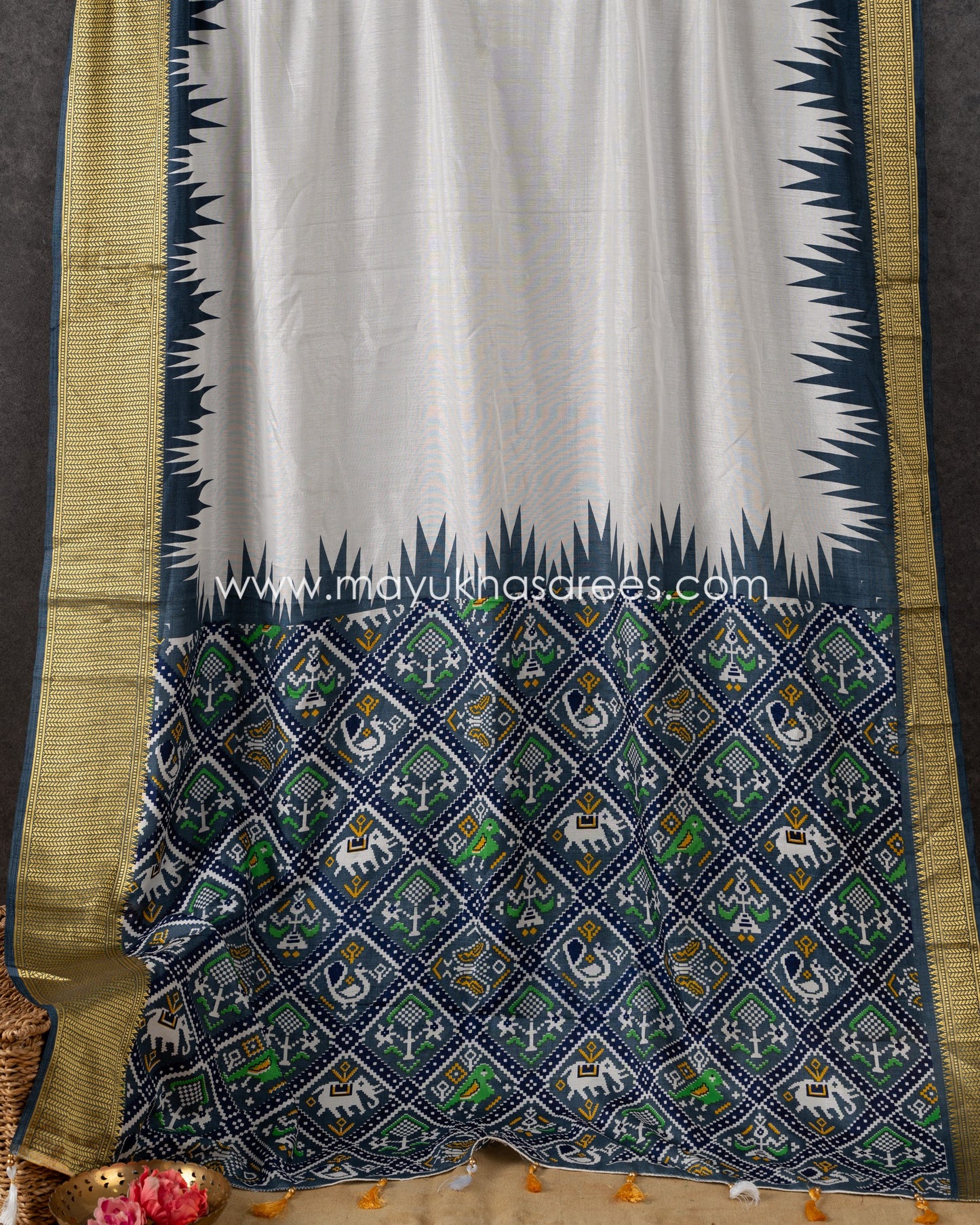 White & Grey Patola Prints on Munga Silk Saree with Temple Design Borders and Stitched Blouse in Size 38 44