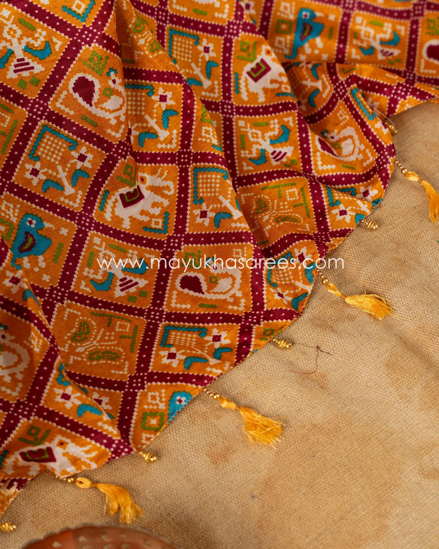 Mustard & Maroon Patola Prints on Munga Silk Saree with Temple Design Borders and Stitched Blouse in Size 38 44