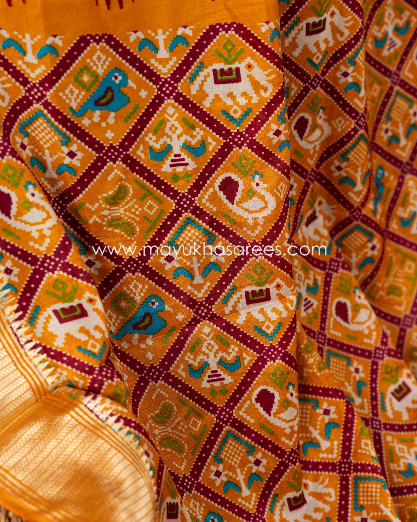 Mustard & Maroon Patola Prints on Munga Silk Saree with Temple Design Borders and Stitched Blouse in Size 38 44