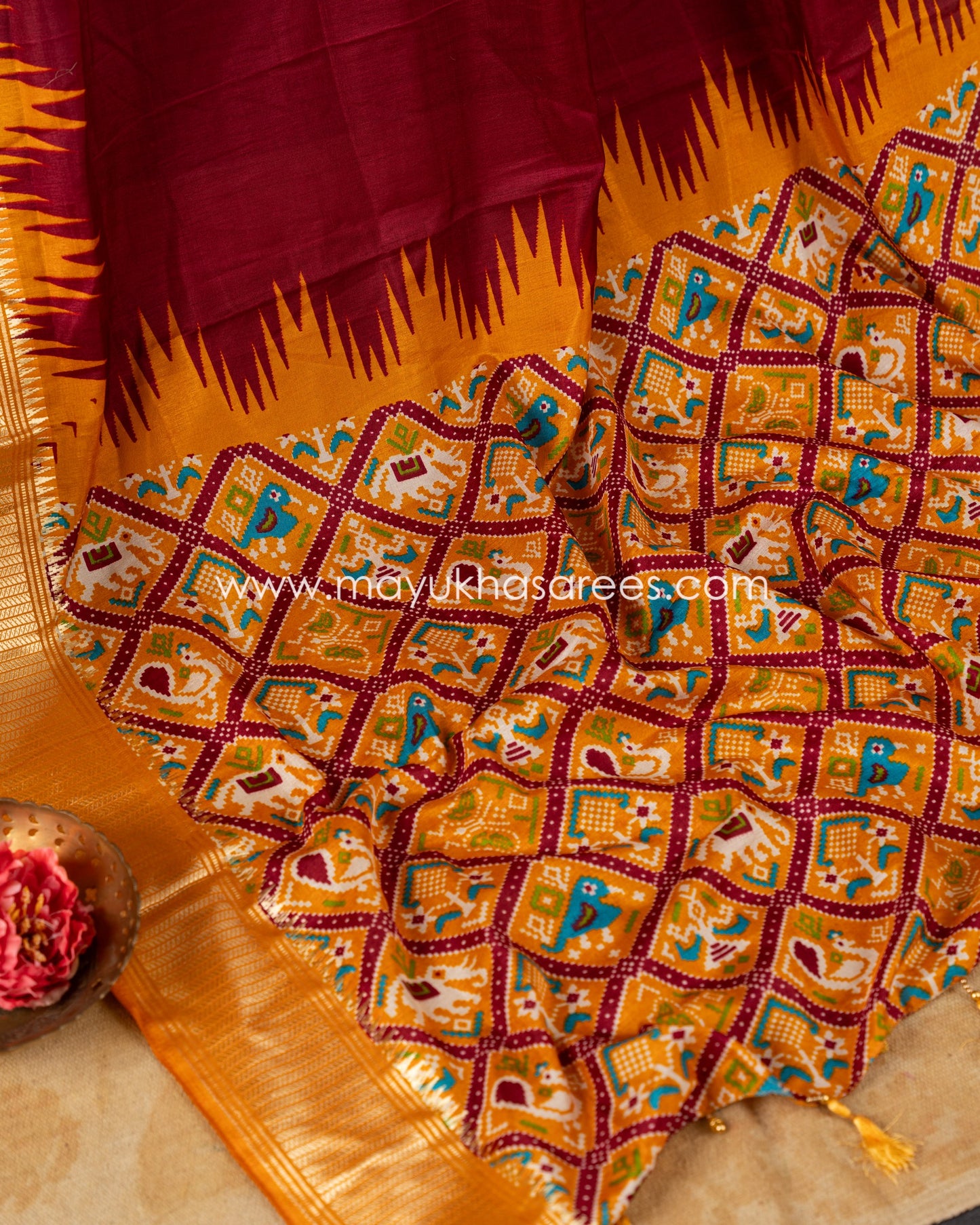 Mustard & Maroon Patola Prints on Munga Silk Saree with Temple Design Borders and Stitched Blouse in Size 38 44