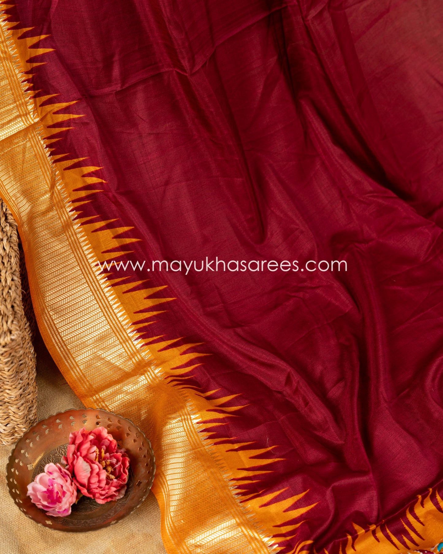 Mustard & Maroon Patola Prints on Munga Silk Saree with Temple Design Borders and Stitched Blouse in Size 38 44