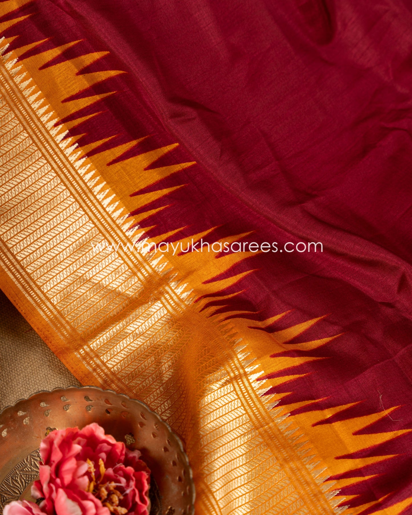 Mustard & Maroon Patola Prints on Munga Silk Saree with Temple Design Borders and Stitched Blouse in Size 38 44