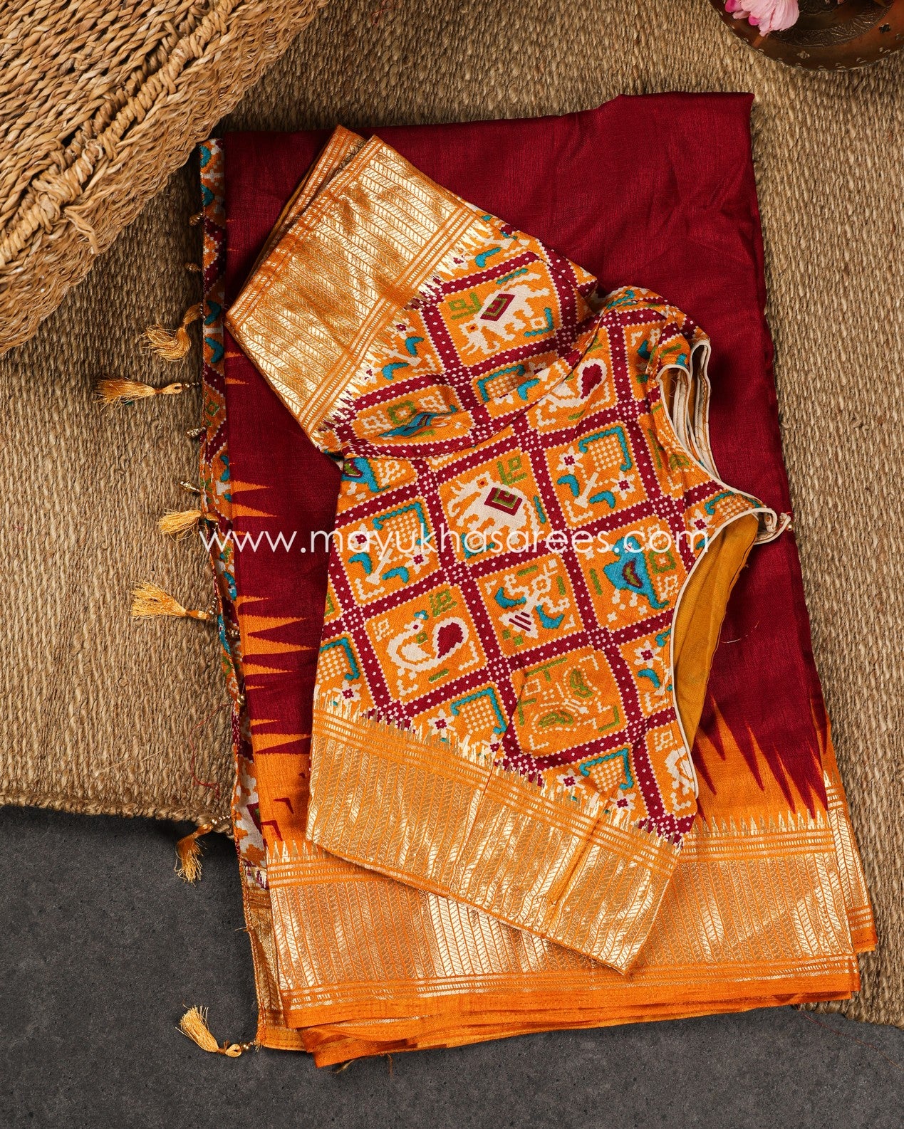 Mustard & Maroon Patola Prints on Munga Silk Saree with Temple Design Borders and Stitched Blouse in Size 38 44