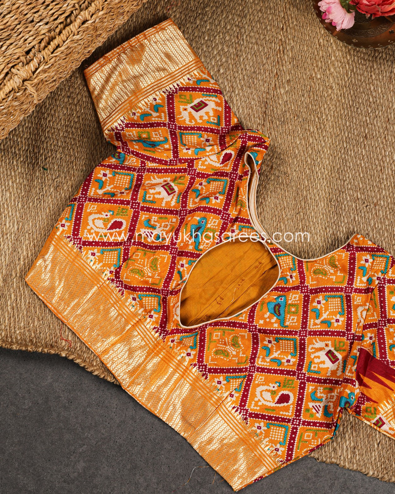 Mustard & Maroon Patola Prints on Munga Silk Saree with Temple Design Borders and Stitched Blouse in Size 38 44