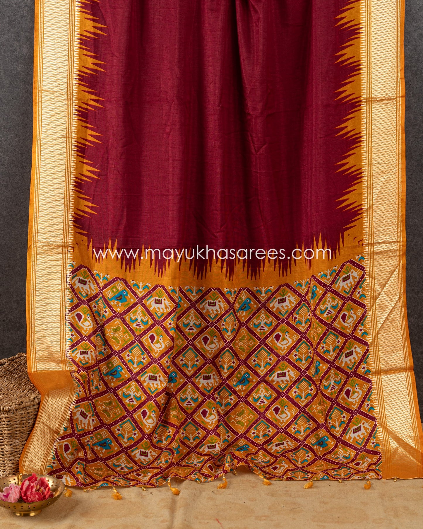 Mustard & Maroon Patola Prints on Munga Silk Saree with Temple Design Borders and Stitched Blouse in Size 38 44