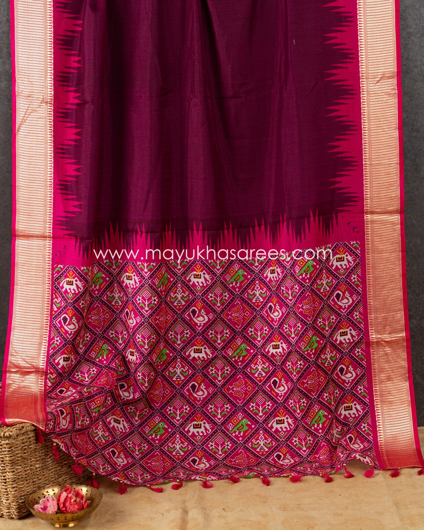 Wine & Pink Patola Prints on Munga Silk Saree with Temple Design Borders and Stitched Blouse in Size 38 44