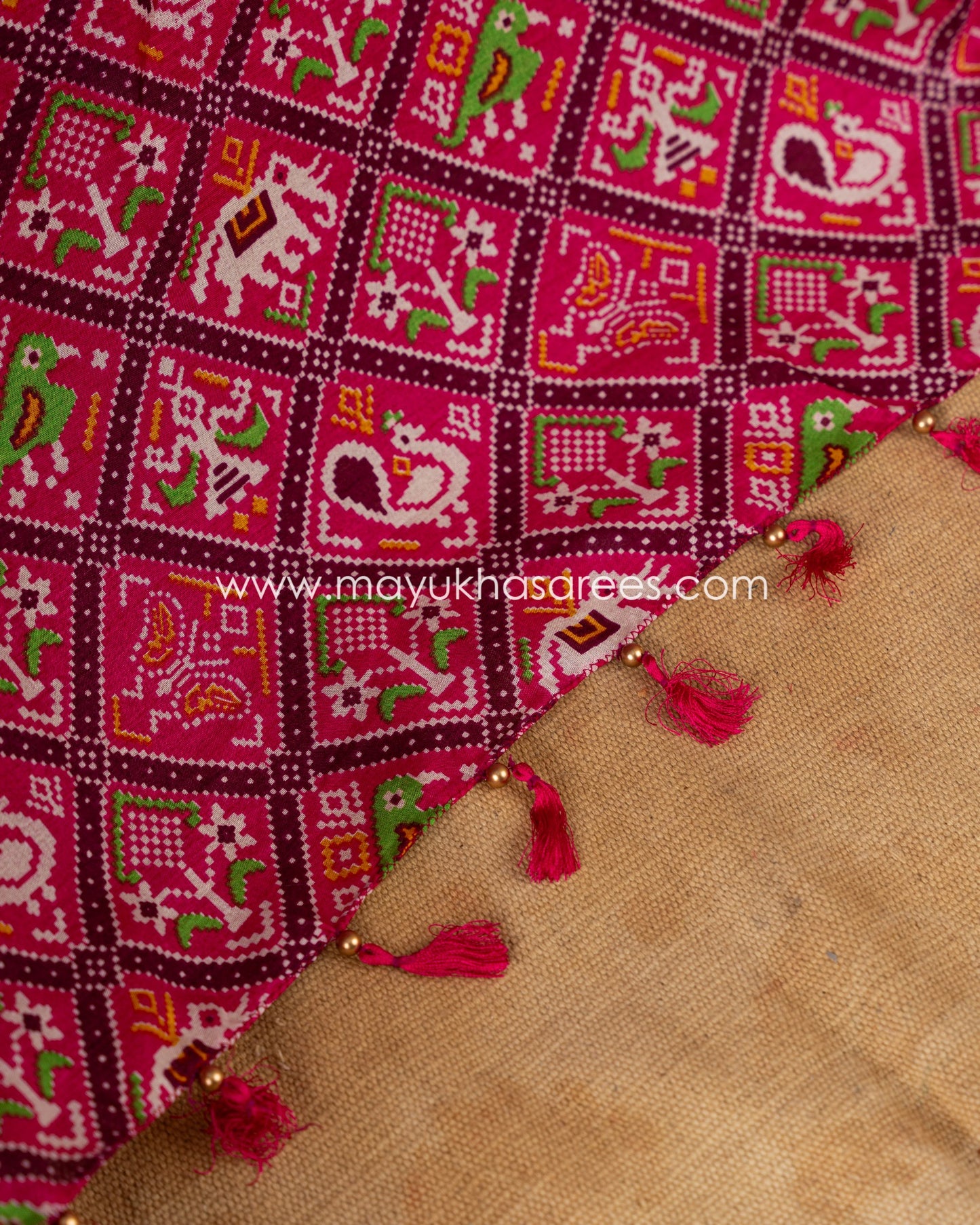 Wine & Pink Patola Prints on Munga Silk Saree with Temple Design Borders and Stitched Blouse in Size 38 44