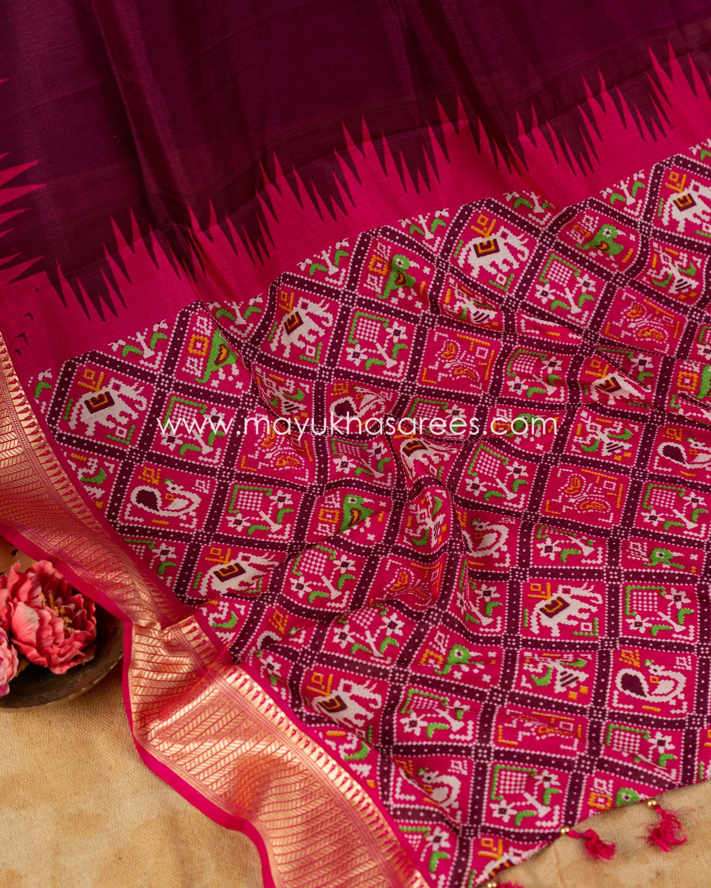 Wine & Pink Patola Prints on Munga Silk Saree with Temple Design Borders and Stitched Blouse in Size 38 44