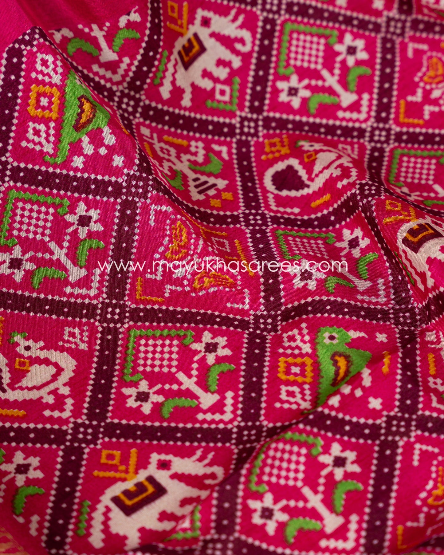 Wine & Pink Patola Prints on Munga Silk Saree with Temple Design Borders and Stitched Blouse in Size 38 44