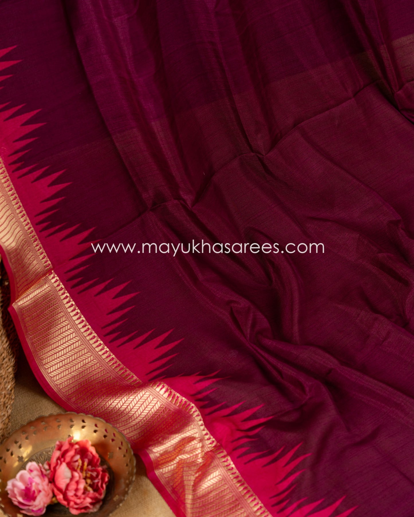 Wine & Pink Patola Prints on Munga Silk Saree with Temple Design Borders and Stitched Blouse in Size 38 44