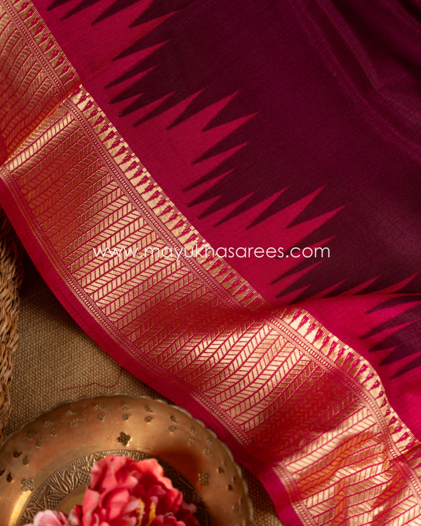 Wine & Pink Patola Prints on Munga Silk Saree with Temple Design Borders and Stitched Blouse in Size 38 44