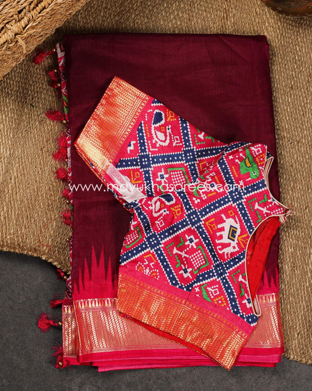 Wine & Pink Patola Prints on Munga Silk Saree with Temple Design Borders and Stitched Blouse in Size 38 44