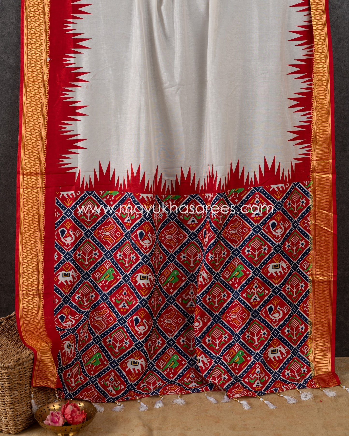 White & Red Patola Prints on Munga Silk Saree with Temple Design Borders and Stitched Blouse in Size 38 44