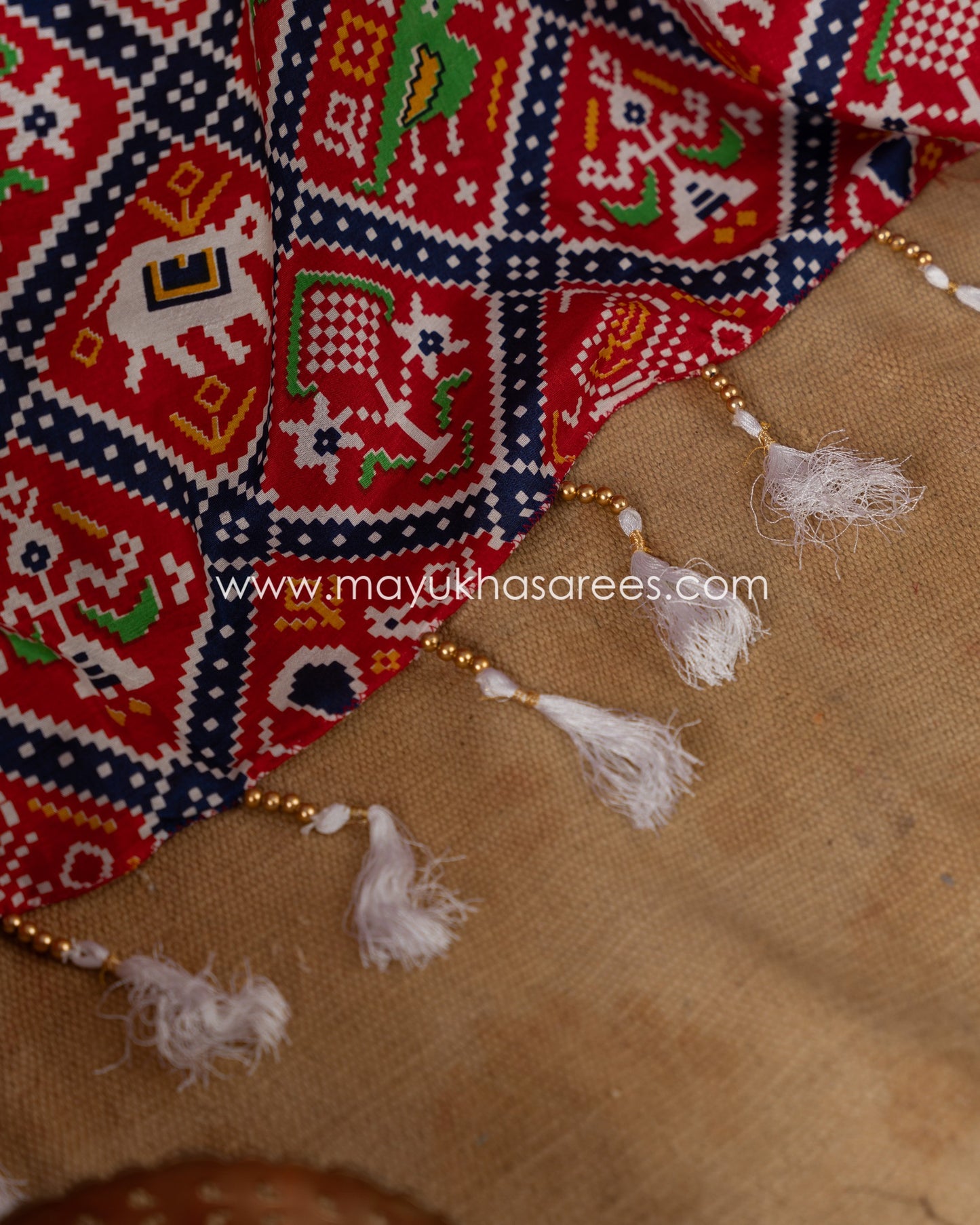 White & Red Patola Prints on Munga Silk Saree with Temple Design Borders and Stitched Blouse in Size 38 44