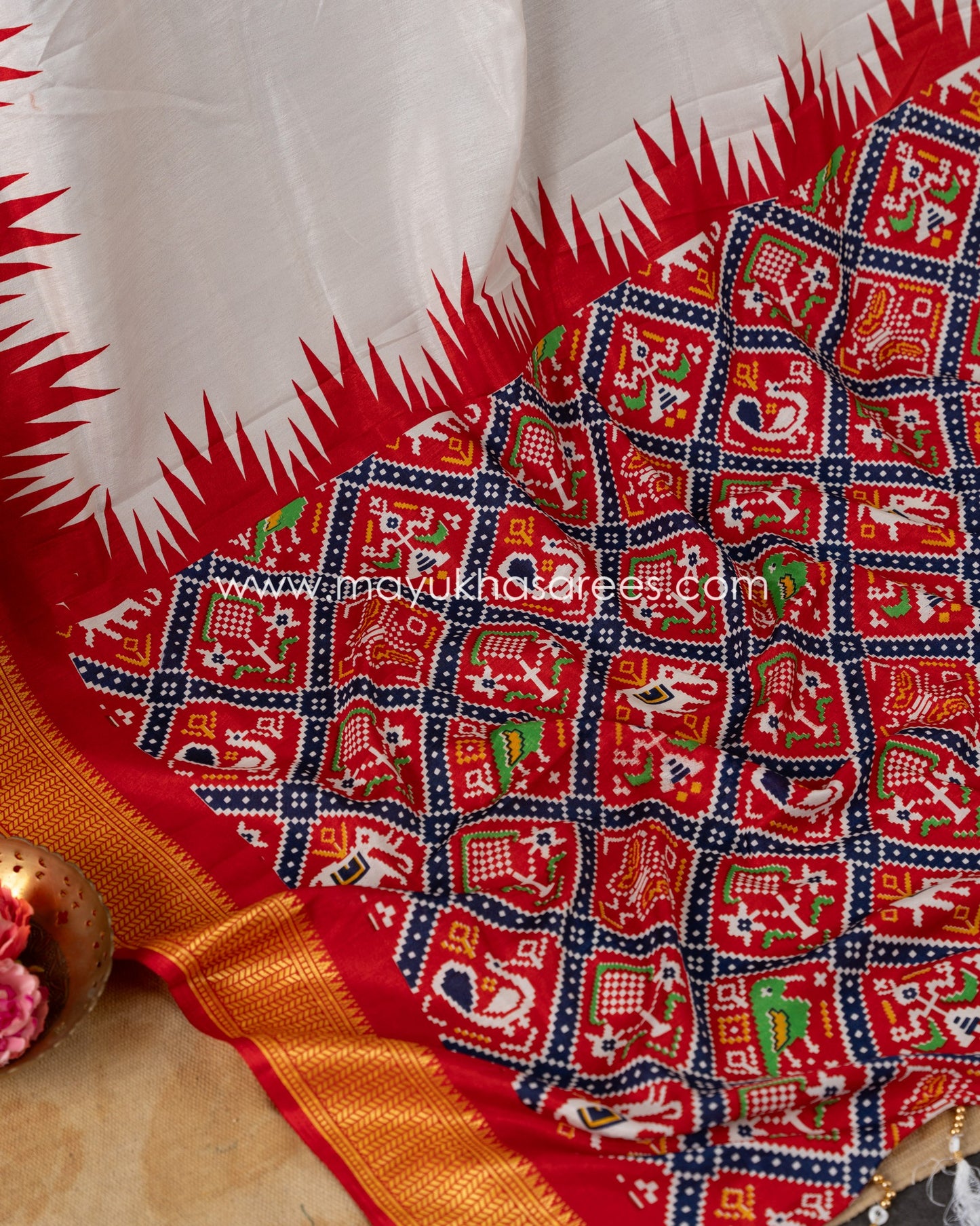 White & Red Patola Prints on Munga Silk Saree with Temple Design Borders and Stitched Blouse in Size 38 44