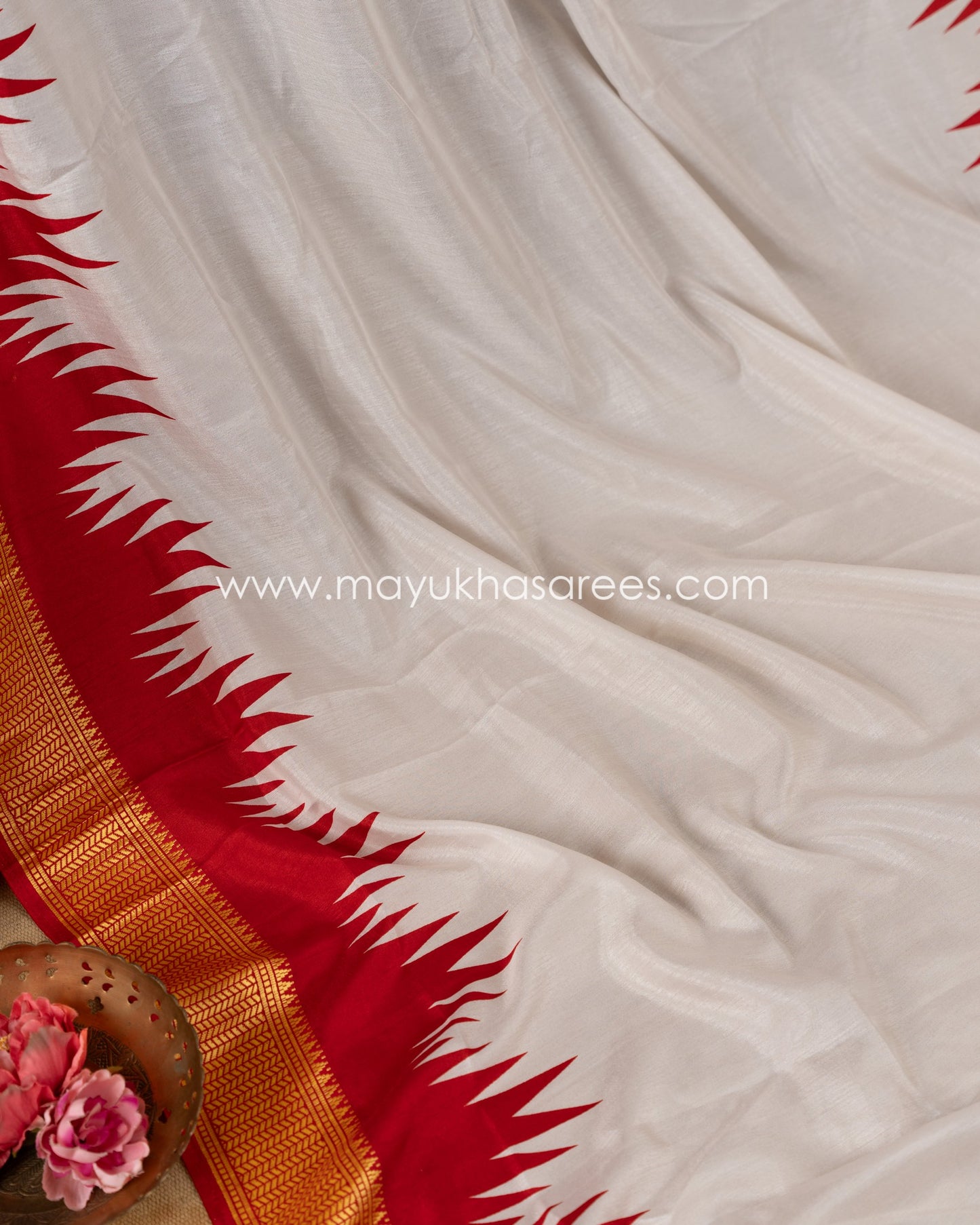 White & Red Patola Prints on Munga Silk Saree with Temple Design Borders and Stitched Blouse in Size 38 44