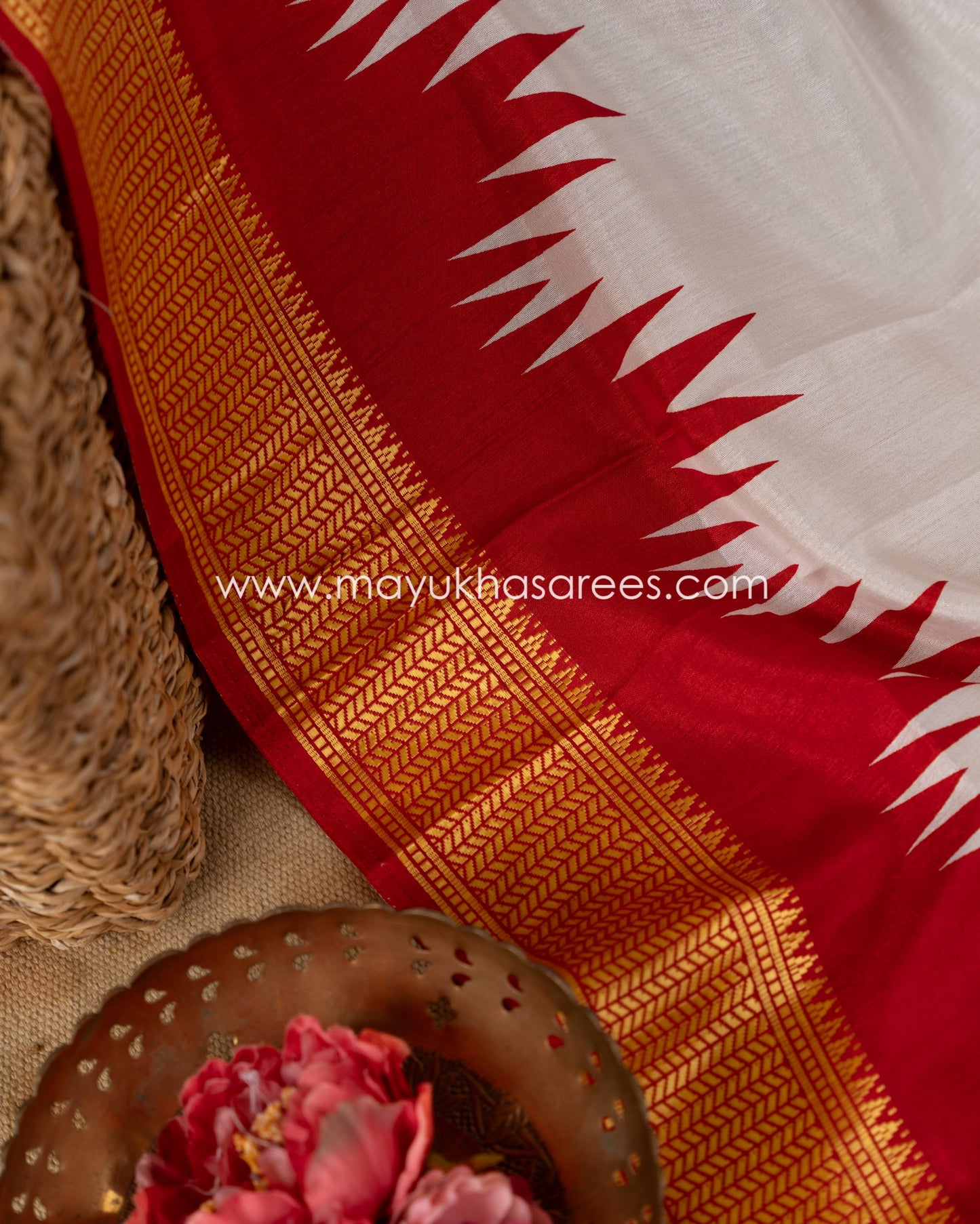 White & Red Patola Prints on Munga Silk Saree with Temple Design Borders and Stitched Blouse in Size 38 44