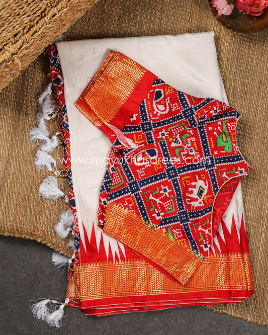 White & Red Patola Prints on Munga Silk Saree with Temple Design Borders and Stitched Blouse in Size 38 44