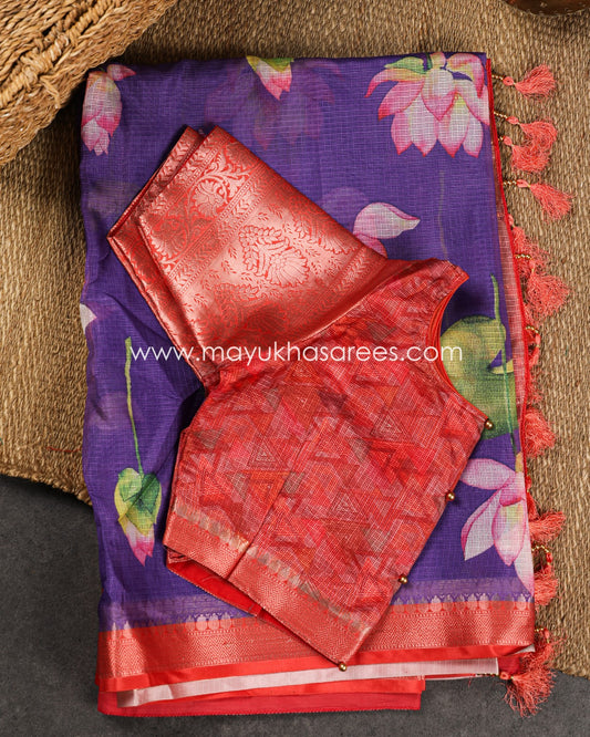 Purple & Red Light weight Lotus Printed Kota silk sarees with Banarasi Borders and Floral Printed Blouse in Size 38 44