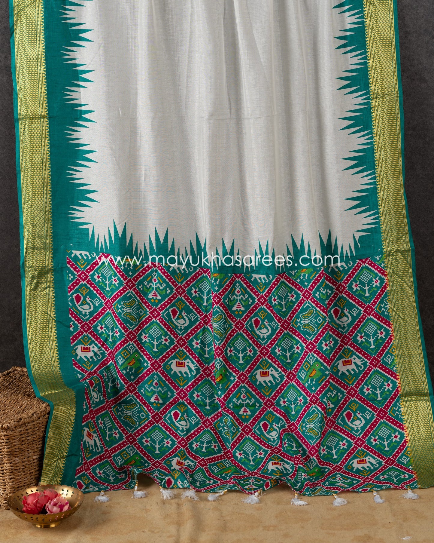 White & Green Patola Prints on Munga Silk Saree with Temple Design Borders and Stitched Blouse in Size 38 44