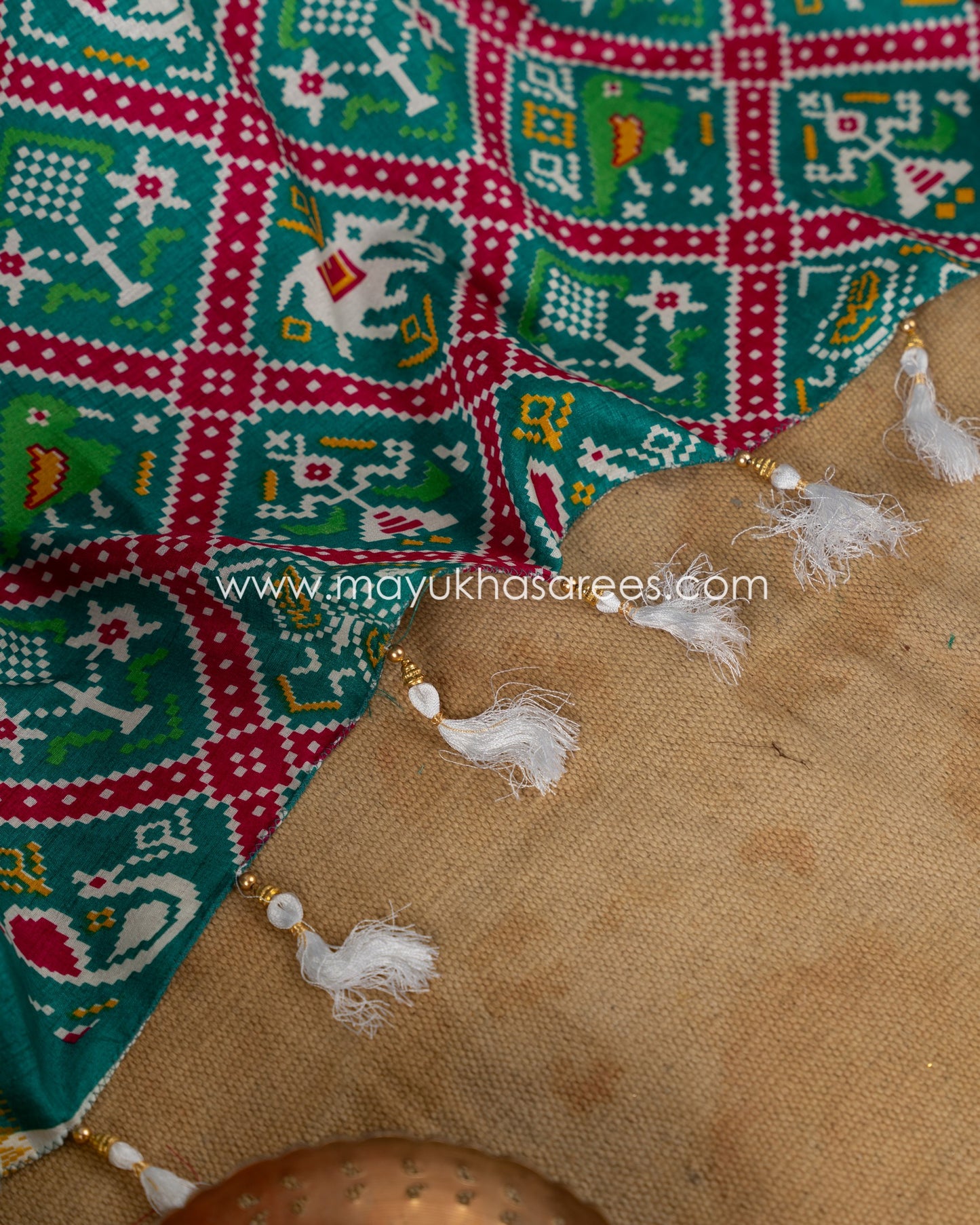 White & Green Patola Prints on Munga Silk Saree with Temple Design Borders and Stitched Blouse in Size 38 44