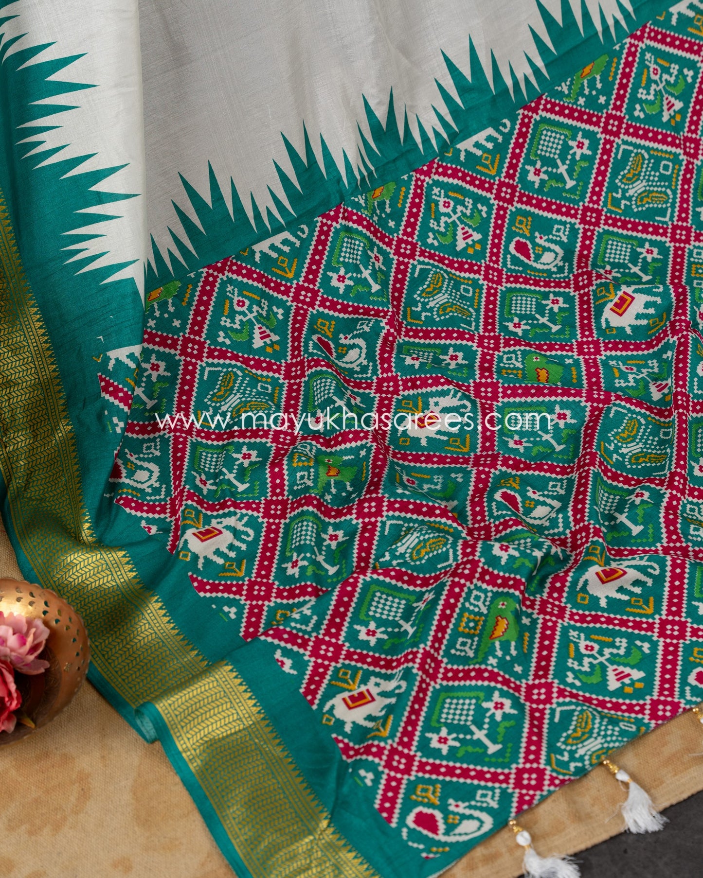 White & Green Patola Prints on Munga Silk Saree with Temple Design Borders and Stitched Blouse in Size 38 44