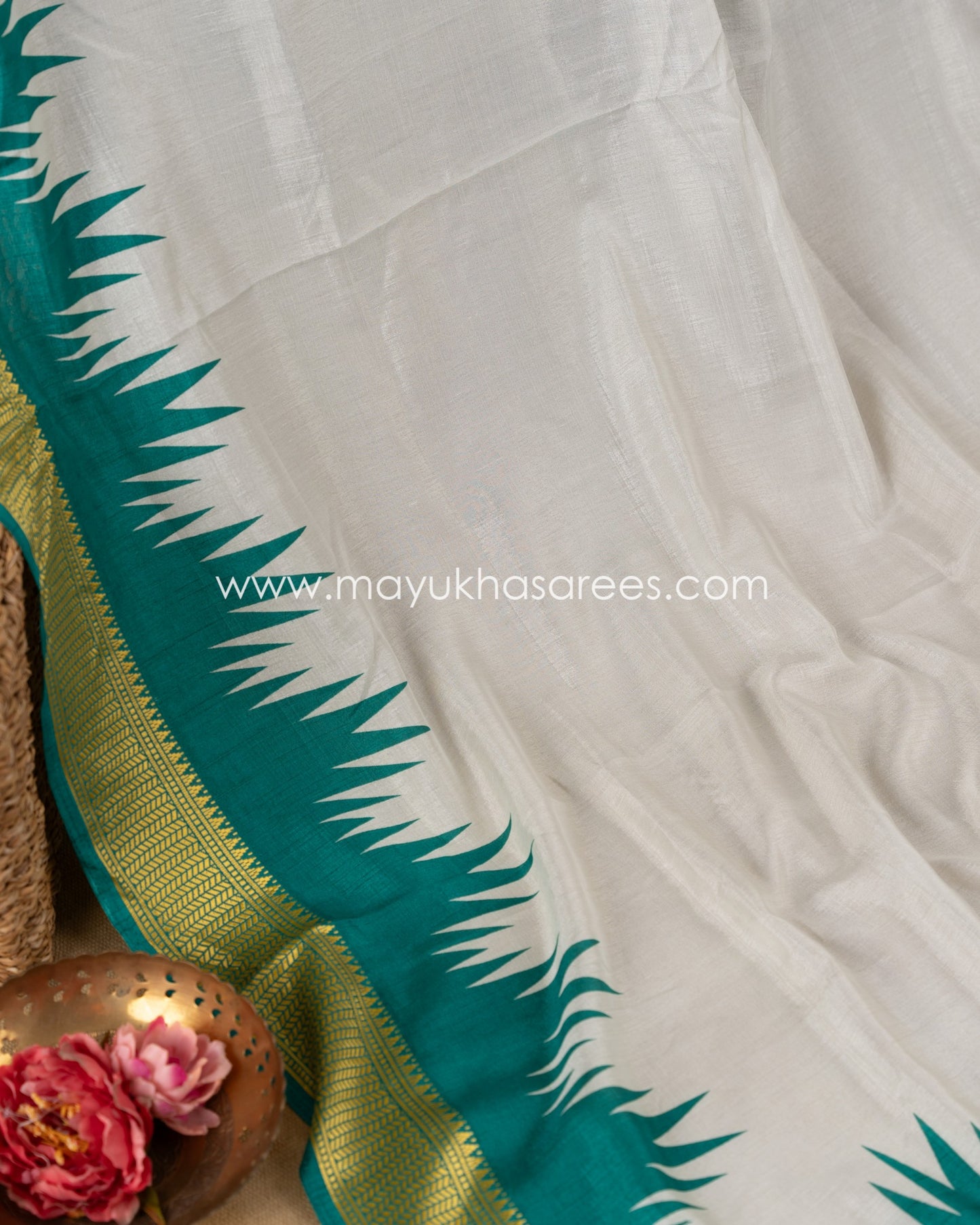 White & Green Patola Prints on Munga Silk Saree with Temple Design Borders and Stitched Blouse in Size 38 44