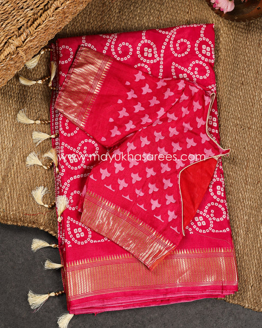 Pink Munga Silk Saree with Bandini Prints with Banarasi Inspired borders and Stitched Blouse in Size 38 44