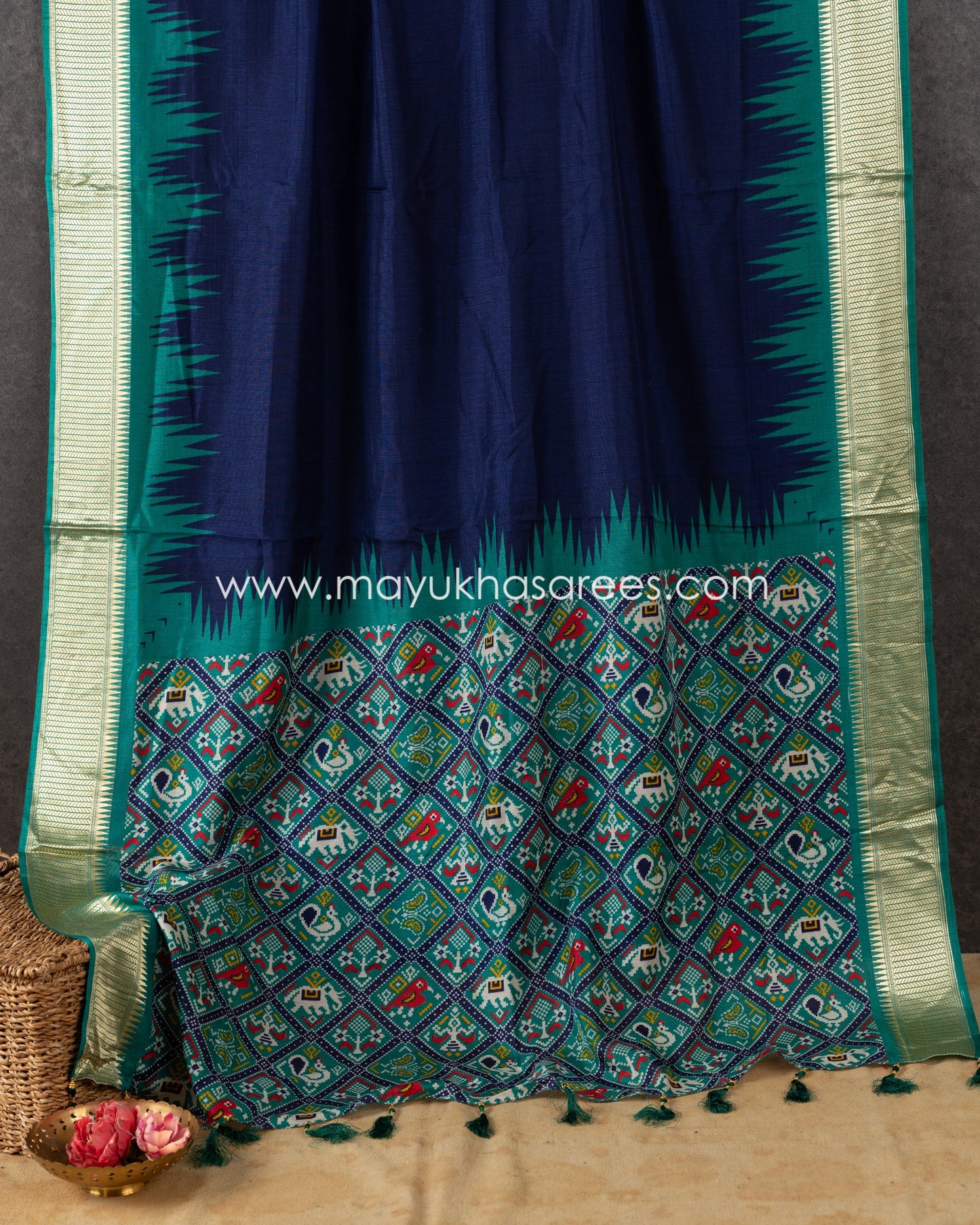 Navy Blue & Green Patola Prints on Munga Silk Saree with Temple Design Borders and Stitched Blouse in Size 38 44