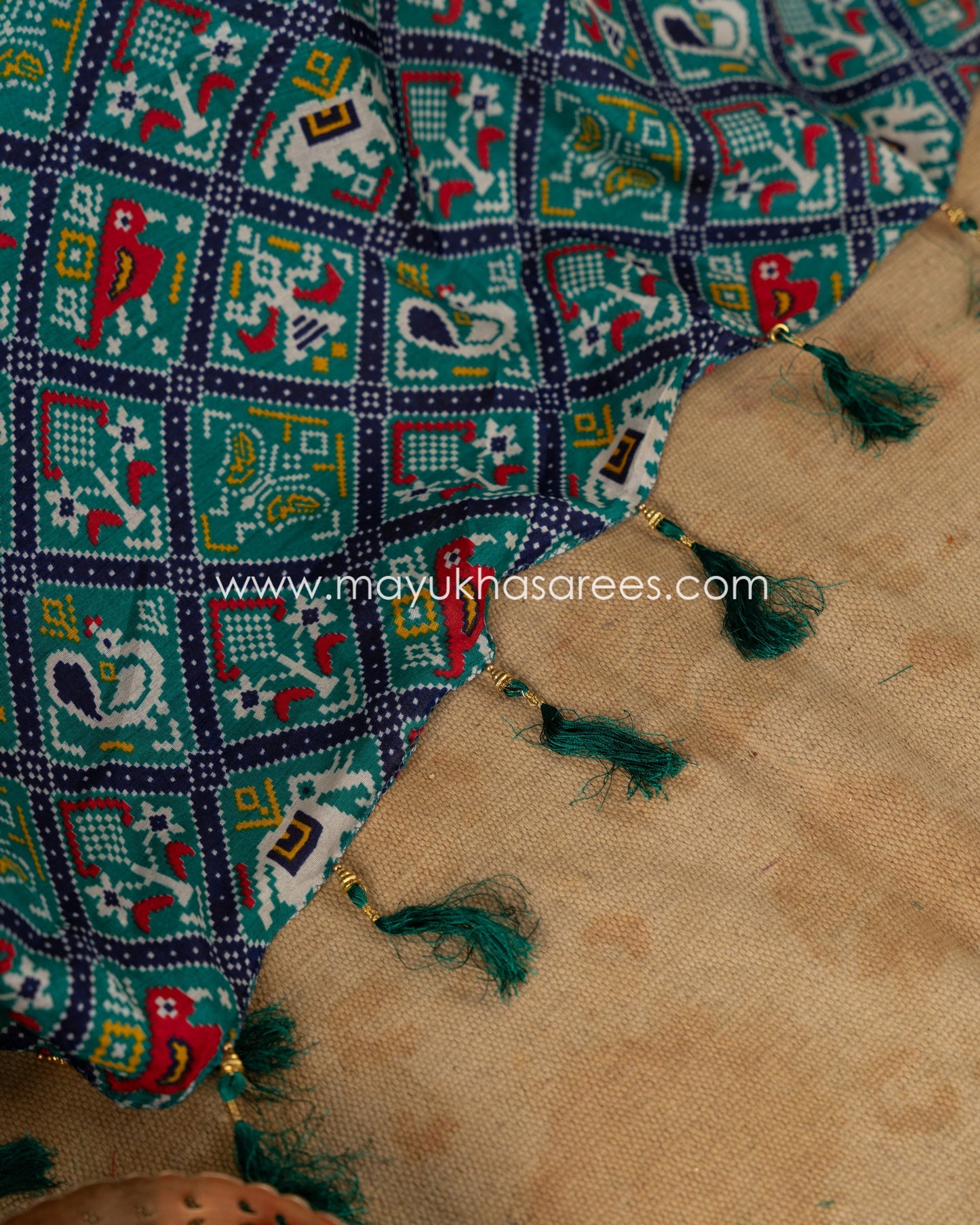 Navy Blue & Green Patola Prints on Munga Silk Saree with Temple Design Borders and Stitched Blouse in Size 38 44