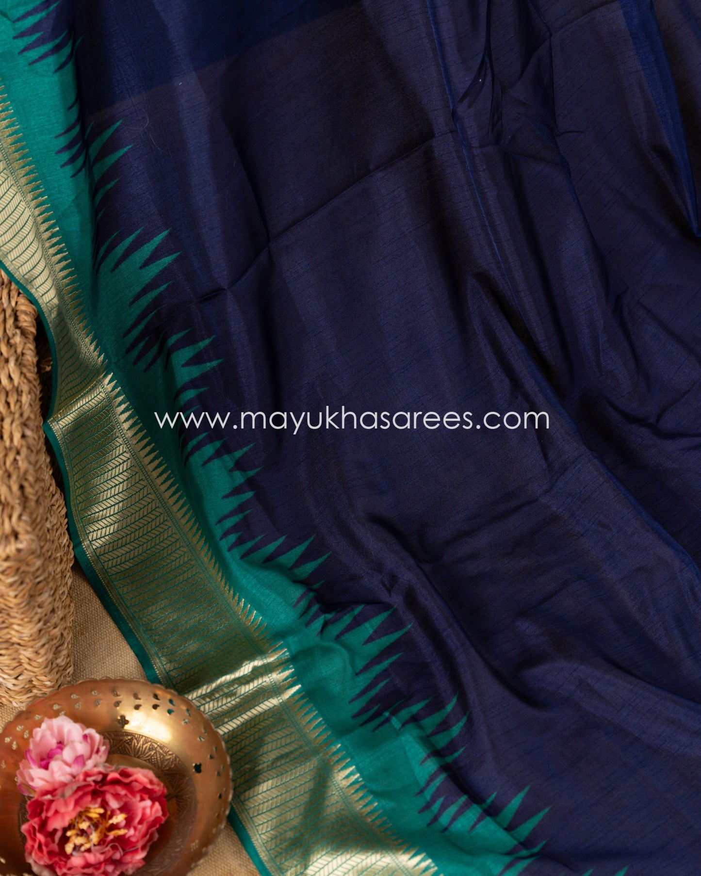 Navy Blue & Green Patola Prints on Munga Silk Saree with Temple Design Borders and Stitched Blouse in Size 38 44