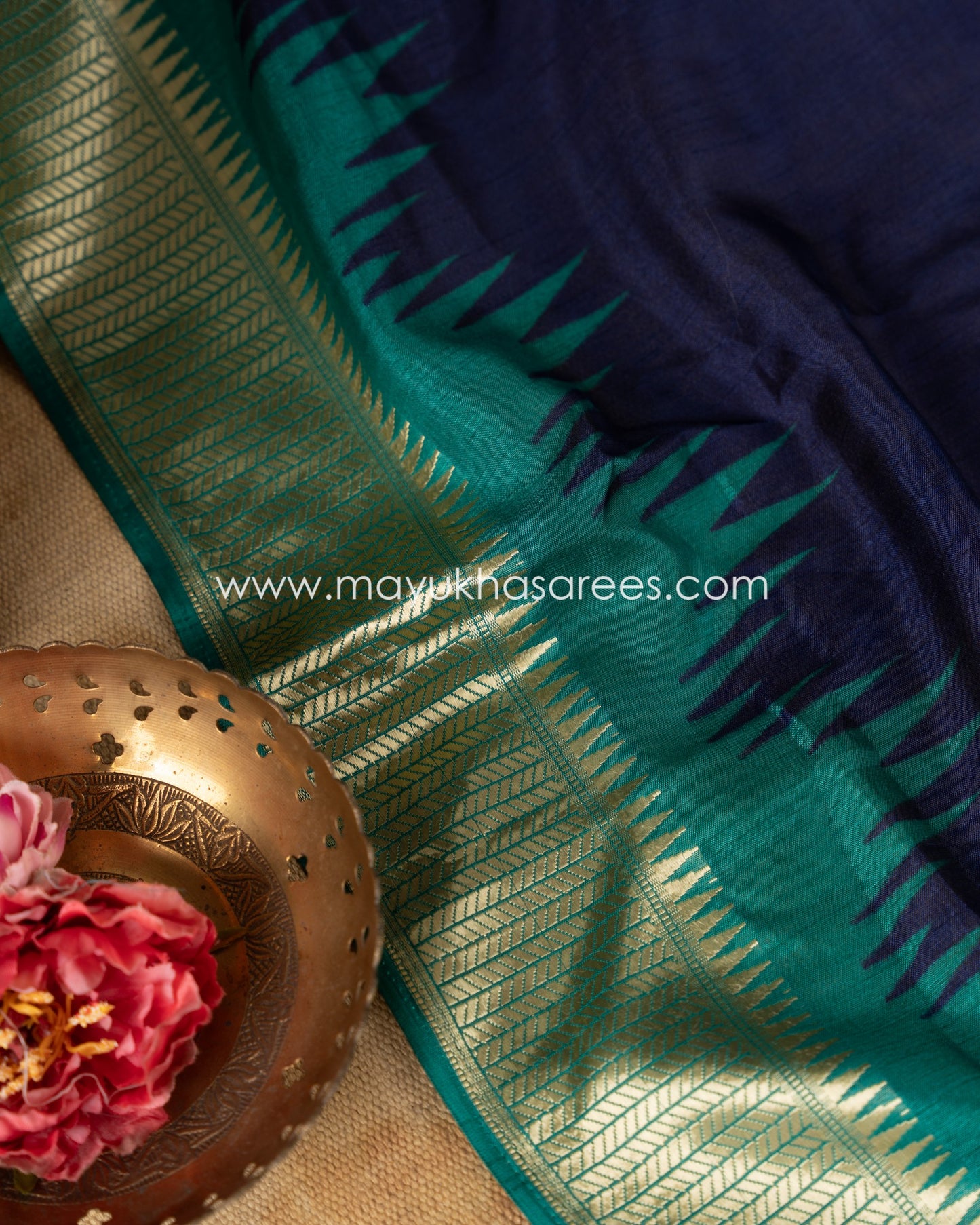 Navy Blue & Green Patola Prints on Munga Silk Saree with Temple Design Borders and Stitched Blouse in Size 38 44