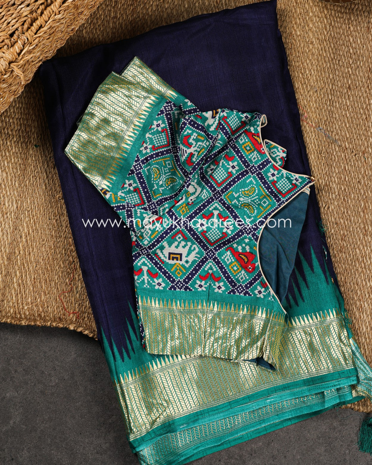 Navy Blue & Green Patola Prints on Munga Silk Saree with Temple Design Borders and Stitched Blouse in Size 38 44