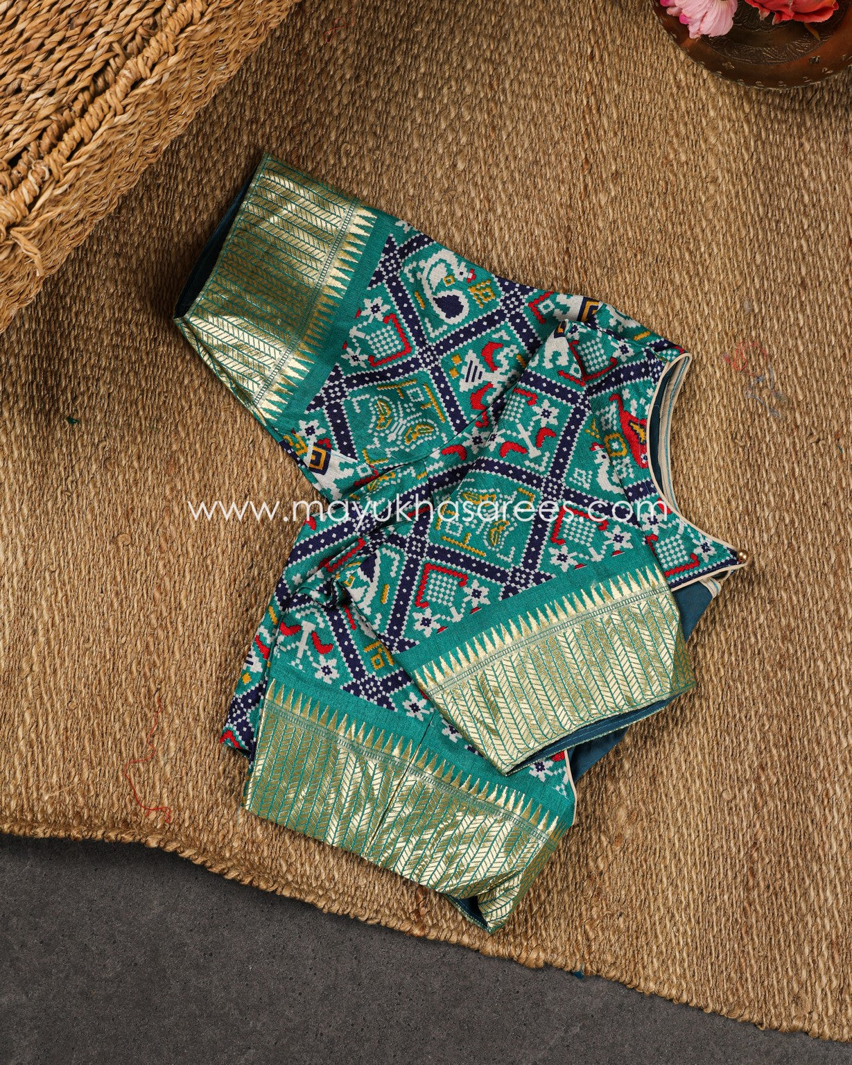 Navy Blue & Green Patola Prints on Munga Silk Saree with Temple Design Borders and Stitched Blouse in Size 38 44