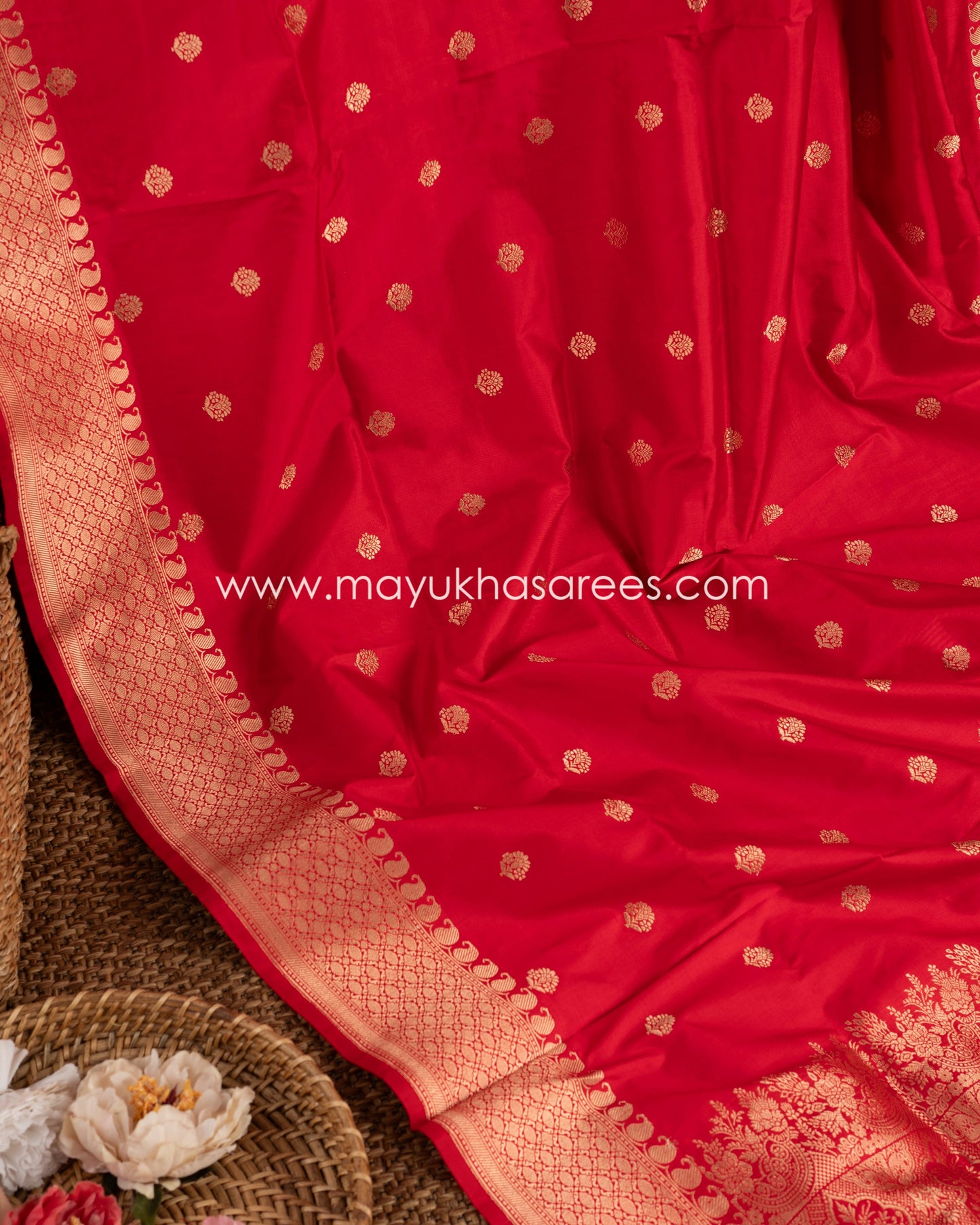 Crimson Elegance: Pure Banarasi Katan Silk Saree, Free Shipping  And Stitched Blouse In Size 38-56