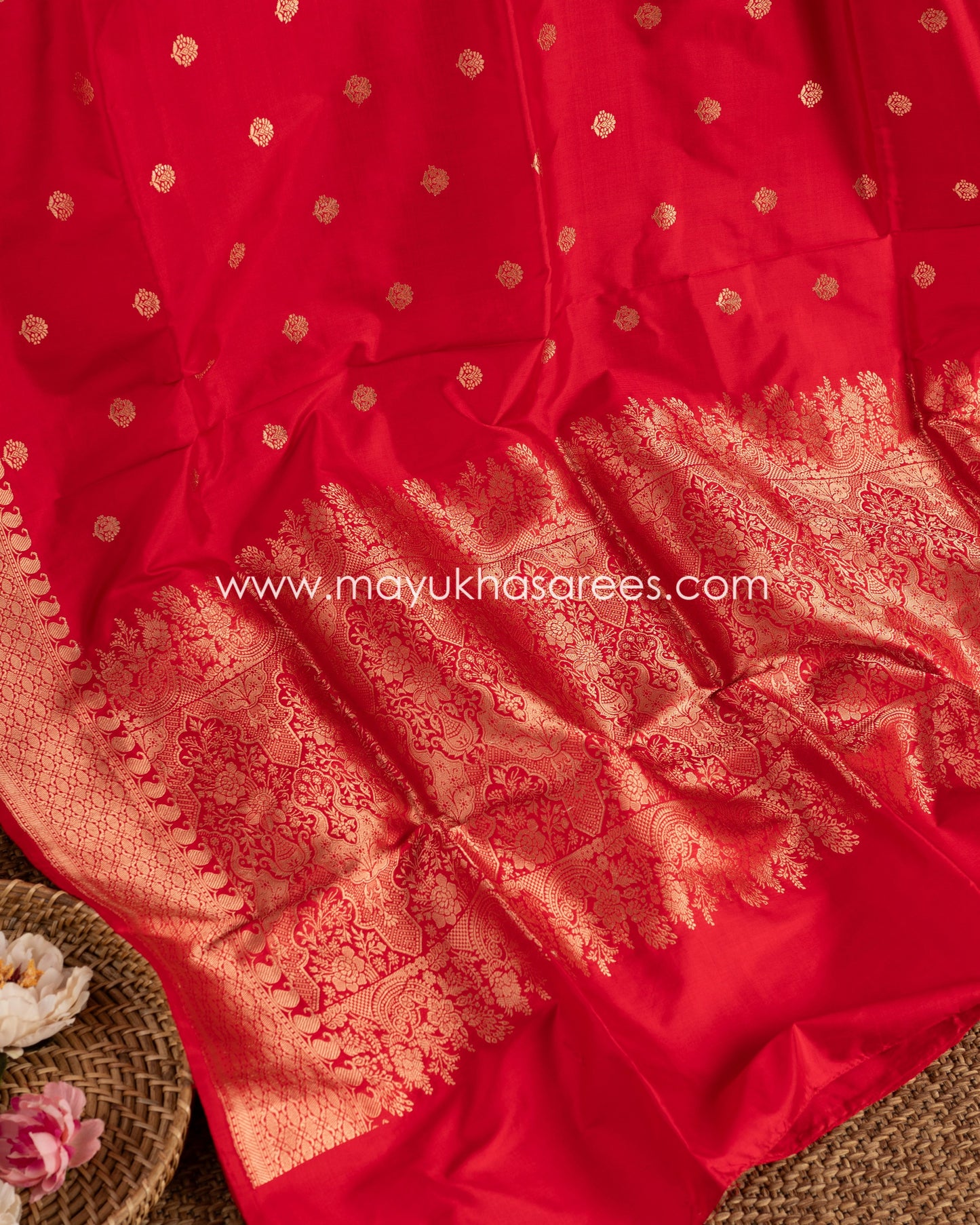 Crimson Elegance: Pure Banarasi Katan Silk Saree, Free Shipping  And Stitched Blouse In Size 38-56