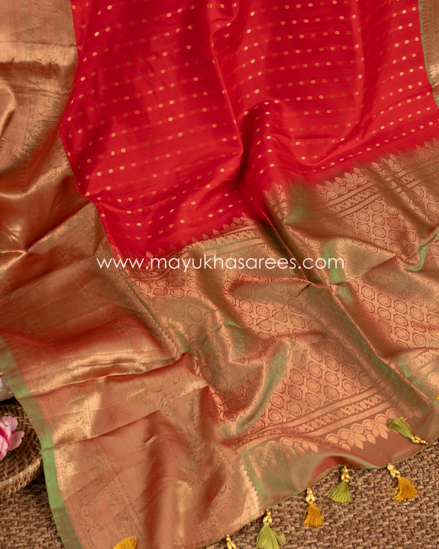 Fiesta Elegance: Kanchipuram Saree With 1000 Butties, Free Shipping!  And Stitched Blouse In Size 38-58