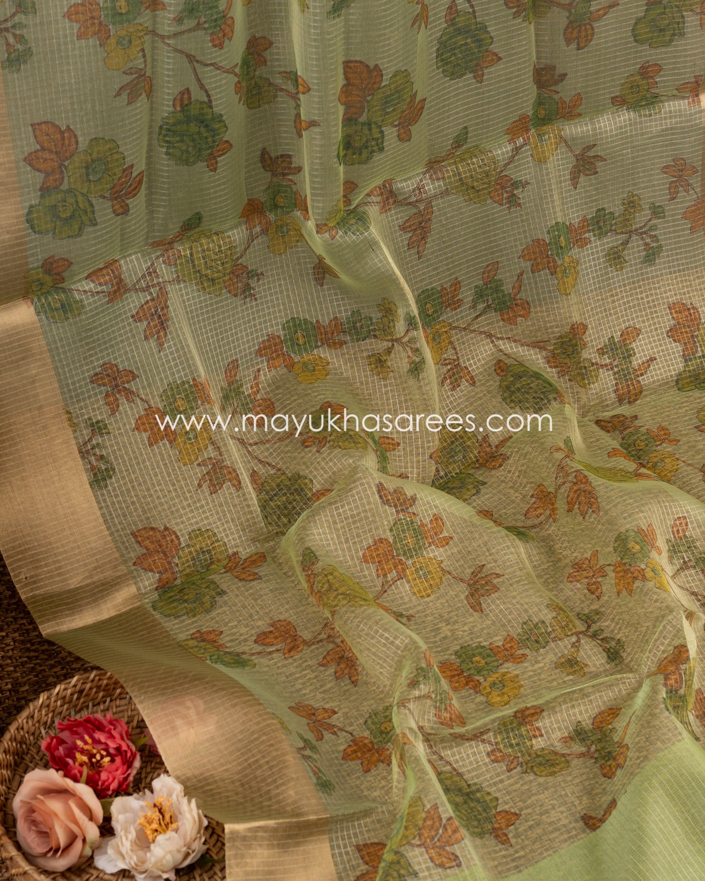 Blooming Beauty: Organza Saree With Floral Prints, Free Shipping  And Stitched Blouse In Size 38-59